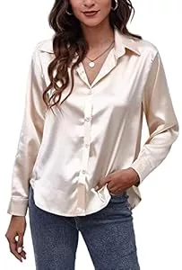 Panegy Langarmblusen Damen Satin Hemd Langarm Blusen Button Down Arbeitsoberteil Seidenähnliche Hemden für Damen Bürooberteile
