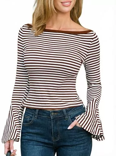 CUPSHE Langarmshirts CUPSHE Damen T-Shirt Langarm Strick Herbst Elegant Bluse Gestreift Slim Fit Crop Top Schlagärmeln U-Boot-Ausschnitt Oberteil
