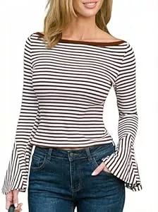 CUPSHE Langarmshirts CUPSHE Damen T-Shirt Langarm Strick Herbst Elegant Bluse Gestreift Slim Fit Crop Top Schlagärmeln U-Boot-Ausschnitt Oberteil