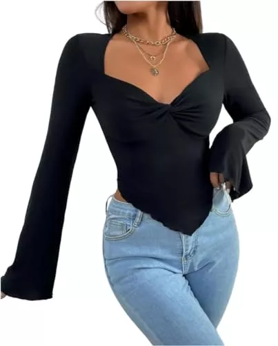Rongseng Langarmblusen Rongseng Damen Langarmshirt Sweetheart Ausschnitt Oberteil Elegant Langarm Crop Top Sexy Fitted Tees Shirt Twist Front Asymmetrisches Langarm Pullover Trendy Casual Longshirt Bluse Rüschen Streetwear