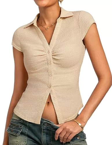 Kate Kasin Kurzarmblusen Kate Kasin Damen Plissierte V-Ausschnitt Blusen Shirt Knopfleiste Slim Fit Y2K Top Sommer Casual Urlaub Oberteil