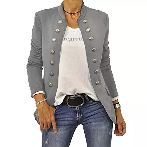 shownicer Blazer shownicer Damen Blazer Elegant Anzugjacke Mantel mit Knopfleiste Military Blazer Lang Slim Fit Freizeit Stehkragen Business Büro Anzug Jacken