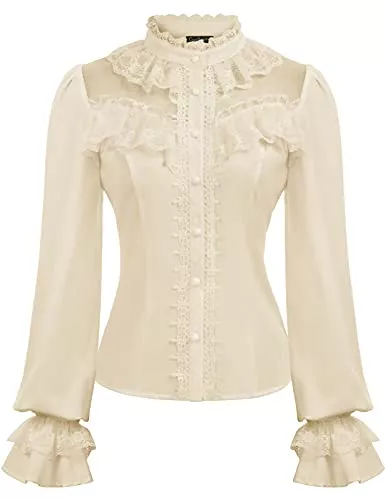 CURLBIUTY Langarmblusen CURLBIUTY Damen Viktorianisches Hemd Langarm Gothic Bluse Renaissance Vintage Spitze Button Down Top