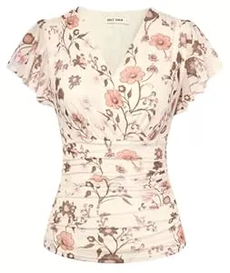 GRACE KARIN Kurzarmblusen GRACE KARIN Damen Blumen Boho Bluse V-Ausschnitt Rüschen Kurzarm Shirt Plissiert Mesh Oberteile Slim Fit Vintage Sommer Top