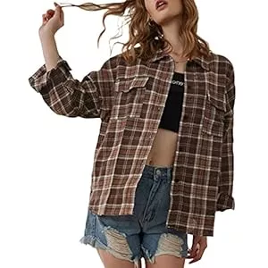 FeMereina Hemdblusen FeMereina Damen-Flanellhemd, kariert, übergroß, Knopfleiste, Reverskragen, Farbblock, Langarm-Shirt, Bluse, Tops