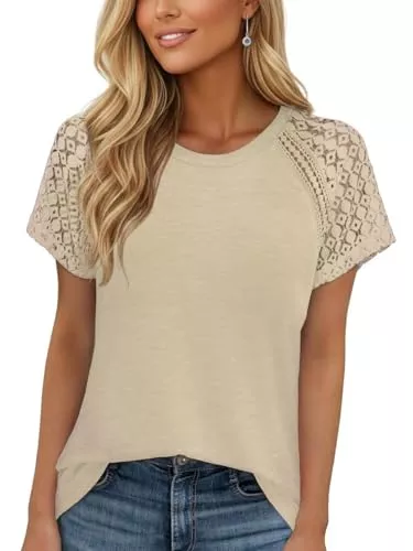 Chicrise Kurzarmblusen Chicrise Bluse Damen Spitze Kurzarm Top Basic Rundhals Elegant Lässig T Shirt Leicht Modische 2026