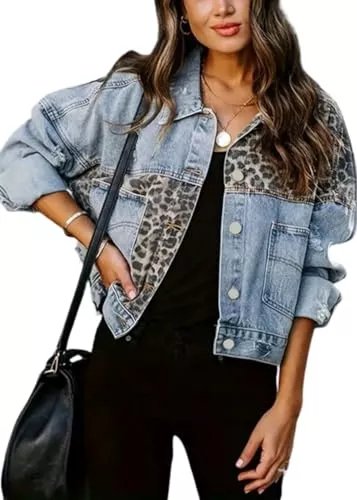SWOAMER Jacken SWOAMER Damen Vintage Jeansjacke Leopard Denim Jacke Western Fall Übergangsjacke mit Tasche Button Down Streetwear Freizeitjacke