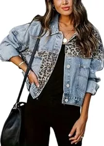 SWOAMER Jacken SWOAMER Damen Vintage Jeansjacke Leopard Denim Jacke Western Fall Übergangsjacke mit Tasche Button Down Streetwear Freizeitjacke