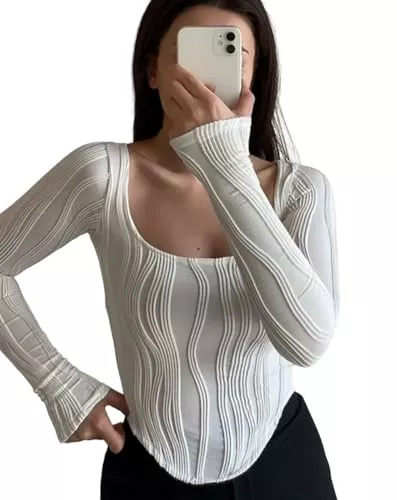 Rongseng Langarmblusen Rongseng Crop Tops Damen Strick Langarm Crop T-Shirt Sexy Bauchfrei Oberteile Quadratischem Kragen Langarmshirt Textur Cropped Top Basic Pullover Slim Langarm Shirts Elegant Streetwear