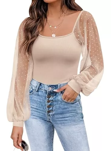 Timuspo Langarmblusen Timuspo Damen Bluse Puffärmel Slim Fit Elegant Ribbed Knit Langarmshirt Tops Mesh Oberteile Rundhals Ausschnitt T Shirts mit Polka Dots