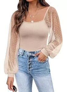 Timuspo  Timuspo Damen Bluse Puffärmel Slim Fit Elegant Ribbed Knit Langarmshirt Tops Mesh Oberteile Rundhals Ausschnitt T Shirts mit Polka Dots