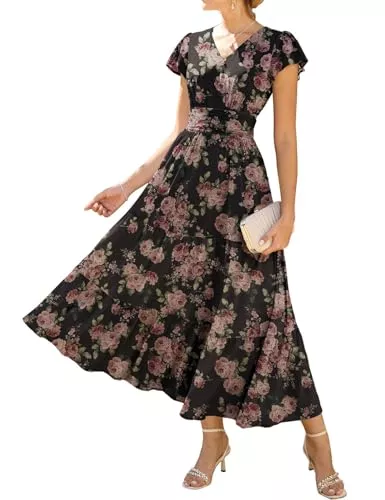 GRACE KARIN Freizeit GRACE KARIN Damen Rüschenärmel V-Ausschnitt Midikleid A-Linie Blume Sommerkleid Mit Taschen