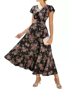 GRACE KARIN Freizeit GRACE KARIN Damen Rüschenärmel V-Ausschnitt Midikleid A-Linie Blume Sommerkleid Mit Taschen