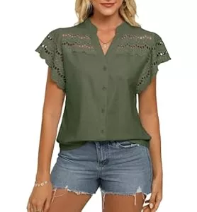 GRACE KARIN Kurzarmblusen GRACE KARIN Damen Sommer Kurzarm Bluse Casual V-Ausschnitt Baumwolle-Leinen Shirts Elegant Locker Passform Ausgehöhlte Oberteile