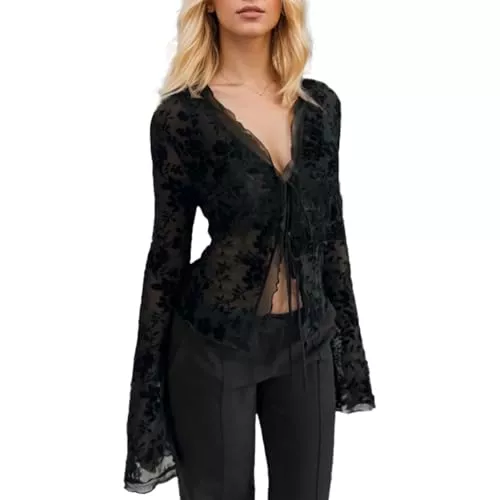 EMOTTOS Langarmblusen EMOTTOS Damen Sexy Sheer Schmales V-Ausschnitt Crop Top Y2K, Rüschenbluse Bauchfreie Oberteile Ruffled Flared Langarm Sleeves Mesh Tops, Y2K Chiffon Tie Front Damen Party Top, Schwarz/Braun, S-L