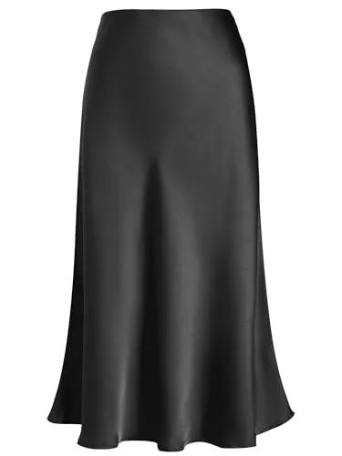 Eisnnu Röcke Eisnnu Damen Satin Rock Midi-Länge Rock A Linie Röcke Große Größe Einfarbig Fishtail Seidiger Midirock Business Party Skirt S-XXXL
