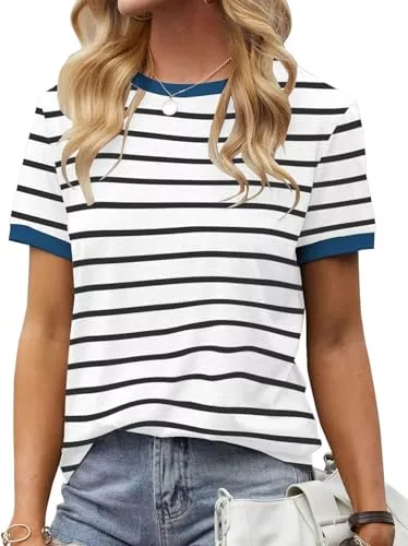 Fisoew T-Shirts Fisoew Damen Streifen T Shirt Rundhalsausschnitt Kurzarm Basic Stripe Tee Tops