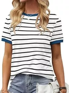 Fisoew T-Shirts Fisoew Damen Streifen T Shirt Rundhalsausschnitt Kurzarm Basic Stripe Tee Tops