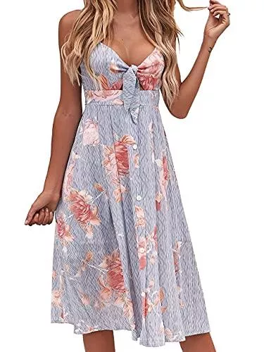 FANCYINN Freizeit FANCYINN Sommerkleid Damen Knielang Dekoltee V-Ausschnitt Boho Rückenfreies A-Linien Kleid Midikleid