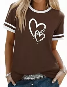 Aottori T-Shirts Aottori T-Shirt Damen Baumwolle Rundhals Kurzarm Oberteil Sommer Basic mit Herzen Print Tee Shirts Frauen Stretch Oversize Top Casual