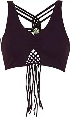 GURU SHOP Tops GURU SHOP Goa Psytrance Bikini Top, Top, Pixi Top, Fransentop, Damen, Schwarz, Baumwolle, Size:38, Tops &amp; T-Shirts Alternative Bekleidung