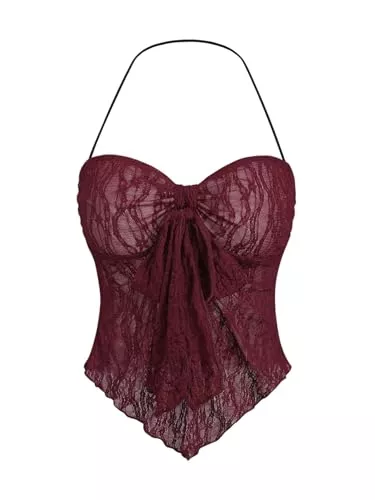 GORGLITTER Tops GORGLITTER Damen Crop Top Y2K Neckholder Tops Asymmetrisch Oberteil Trägershirt Transparent Sommer Träger-Top