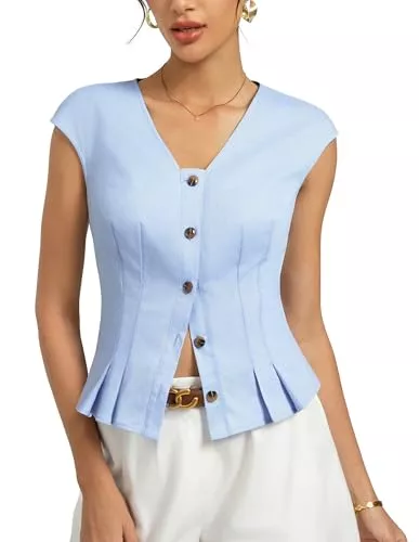 Kate Kasin Tops Kate Kasin Damen Baumwoll Bluse Sommer Cap Ärmel V-Ausschnitt Knopfleiste Y2K Tops Shirt