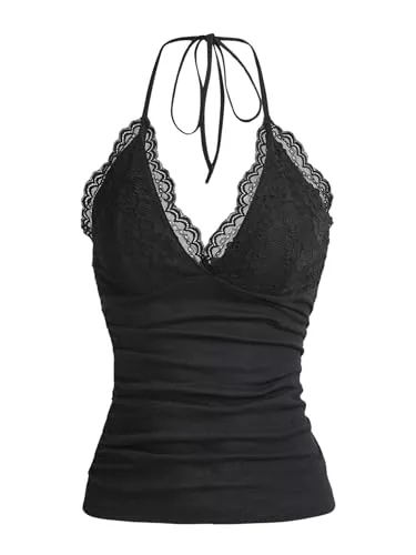GORGLITTER Ärmellose Blusen GORGLITTER Damen Y2k Camisole Trägertop Crop Top Neckholder Oberteil Halter Tops mit Kontrast Spitze