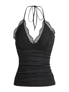 GORGLITTER Ärmellose Blusen GORGLITTER Damen Y2k Camisole Trägertop Crop Top Neckholder Oberteil Halter Tops mit Kontrast Spitze