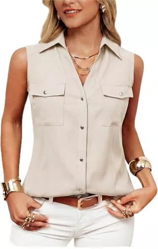 GRACE KARIN Ärmellose Blusen GRACE KARIN Damen Knopf Ärmellose Blusetop Reverskragen V-Ausschnitt Bluse Casual Sommer Business Büro Oberteile