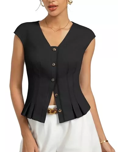 Kate Kasin Tops Kate Kasin Damen Baumwoll Bluse Sommer Cap Ärmel V-Ausschnitt Knopfleiste Y2K Tops Shirt