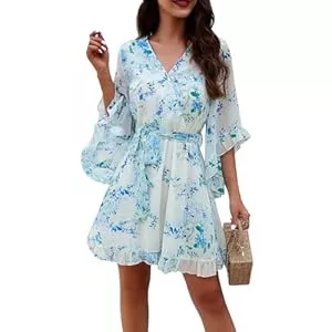 Odizli Freizeit Odizli Sommerkleid Damen Kurz Elegant Blumen Chiffon V-Ausschnitt Wickelkleid