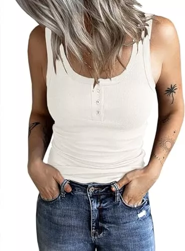 Fessceruna Tops Fessceruna Damen Tops Sexy U-Ausschnitt Tank top Ärmellos Sommer Oberteile Gerippt Camisole mit Knöpfen