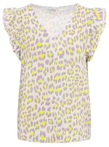 Zwillingsherz Ärmellose Blusen Zwillingsherz Damen Musselin Bluse aus 100% Baumwolle – Leichte Sommerbluse mit Leo Print – Luftiges Oberteil mit V-Ausschnitt und kurzen Volantärmeln – One Size für Freizeit Urlaub Alltag