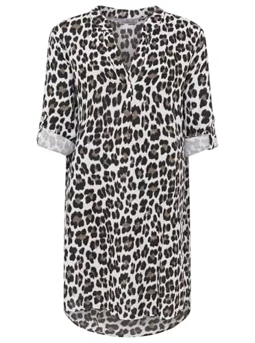 Zwillingsherz Freizeit Zwillingsherz Damen Tunika aus 100% Baumwolle – Leichtes Sommer Blusenkleid mit Leo Print – Luftige Strandtunika mit V-Ausschnitt und 3/4 Arm – Lässiges Longshirt für Urlaub Freizeit Alltag