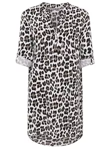 Zwillingsherz Freizeit Zwillingsherz Damen Tunika aus 100% Baumwolle – Leichtes Sommer Blusenkleid mit Leo Print – Luftige Strandtunika mit V-Ausschnitt und 3/4 Arm – Lässiges Longshirt für Urlaub Freizeit Alltag