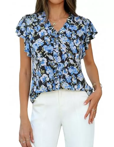 GRACE KARIN Kurzarmblusen GRACE KARIN Blusen Damen Sommer Leicht V-Ausschnitt Rüschen Kurzarm Oberteile Elegant Tunika Blumen Rüschenbluse für Festliche Party