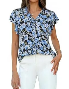GRACE KARIN Kurzarmblusen GRACE KARIN Blusen Damen Sommer Leicht V-Ausschnitt Rüschen Kurzarm Oberteile Elegant Tunika Blumen Rüschenbluse für Festliche Party
