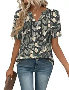 IECCP Kurzarmblusen IECCP Bluse Damen Kurzarm Tunika V Ausschnitt Plissiert Oberteile Lässig Blumen T Shirt Sommer Top