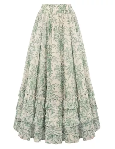 SCARLET DARKNESS Röcke SCARLET DARKNESS Damen Maxi Röcke Blumen Chiffon Viktorianisches Elastisch Hohe Taille Fließend Rüsche Langer Rock mit Taschen