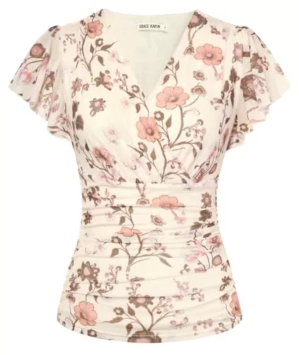 GRACE KARIN Kurzarmblusen GRACE KARIN Damen Blumen Boho Bluse V-Ausschnitt Rüschen Kurzarm Shirt Plissiert Mesh Oberteile Slim Fit Vintage Sommer Top