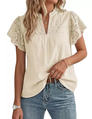 GRACE KARIN Kurzarmblusen GRACE KARIN Damen Spitzen Baumwolle Bluse Elegante Henley V-Ausschnitt Oberteile Rüschen Kurzarm Sommer Top