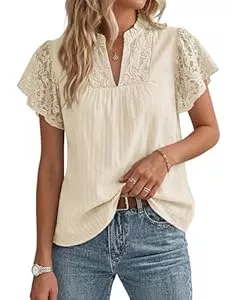 GRACE KARIN Kurzarmblusen GRACE KARIN Damen Spitzen Baumwolle Bluse Elegante Henley V-Ausschnitt Oberteile Rüschen Kurzarm Sommer Top