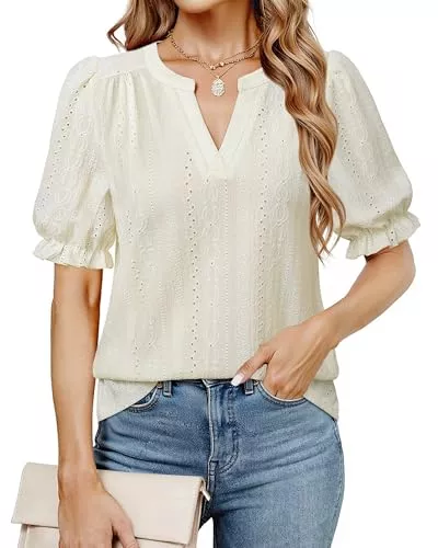 Cerrlop Kurzarmblusen Cerrlop Damen Bluse Lochstickerei Elegant V-Ausschnitt Top Locker Oberteil Kurzarm Tunik Casual Blusenshirt Casual Look