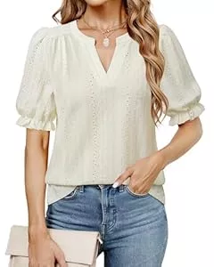 Cerrlop Kurzarmblusen Cerrlop Damen Bluse Lochstickerei Elegant V-Ausschnitt Top Locker Oberteil Kurzarm Tunik Casual Blusenshirt Casual Look