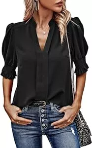 Arevill  Arevill Damen Bluse Sommer Elegant V-Ausschnitt Kurzarm Blusenshirt Rüschen Ärmel Einfarbig Lässige Casual Oberteile Tunika Shirt für Büro &amp; Freizeit