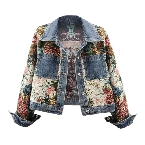 AUKLETBLIEF Jacken AUKLETBLIEF Damen Blumen Denim Jacke, Langärmelige Jacquard Vielseitige Jean Jacken, Floral Print Jeansjacke für Herbst