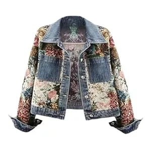 AUKLETBLIEF Jacken AUKLETBLIEF Damen Blumen Denim Jacke, Langärmelige Jacquard Vielseitige Jean Jacken, Floral Print Jeansjacke für Herbst