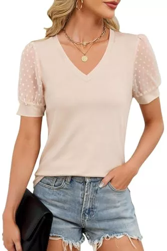 Teesho Kurzarmblusen Teesho Tshirt Damen V Ausschnitt Casual Oberteile Elegant Streifen Mesh Bluse Baumwolle Shirt Tops Tunika