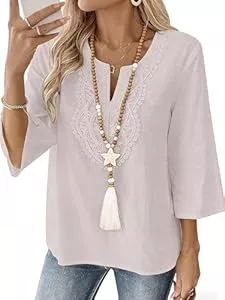 HOTIAN Langarmblusen HOTIAN Damen Bluse Langarmshirt Boho 3/4 arm Langerm Elegant V-Ausschnitt Leinen blusen Frühling Herbst Spitze Tops Locker Shirt Lässig Outfits